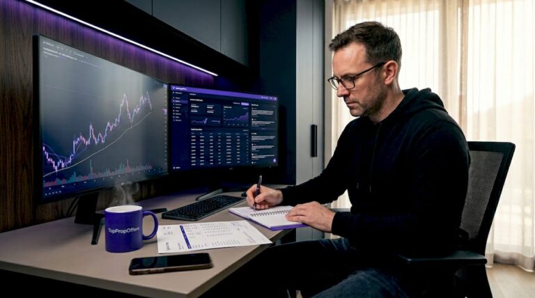 Trader reviewing account stats at desk