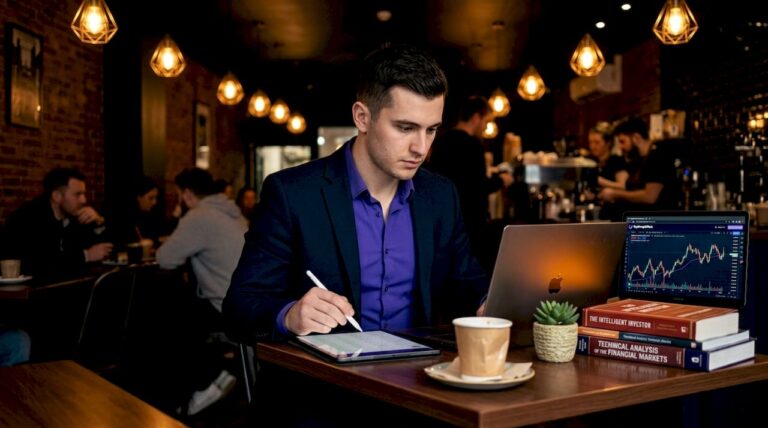 Trader logging trades in bright home office