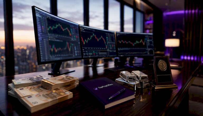 Modern trading desk with dual monitors and certificates