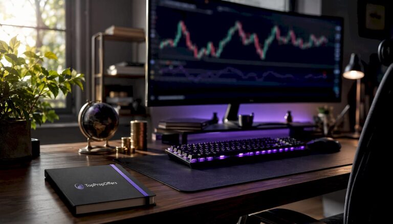 Professional prop trading setup with monitors and financial charts