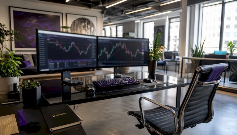 Professional trading desk with multi-monitor setup and financial charts