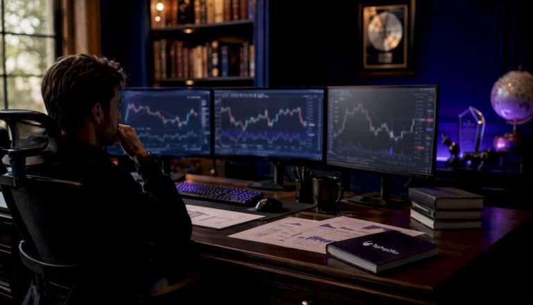 Home office trading setup with multiple monitors and financial charts