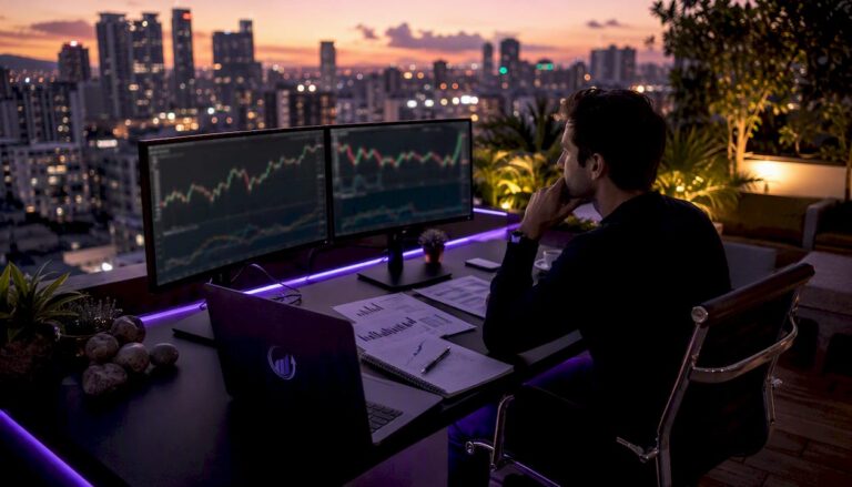 Modern prop trading professional workspace with multiple monitors
