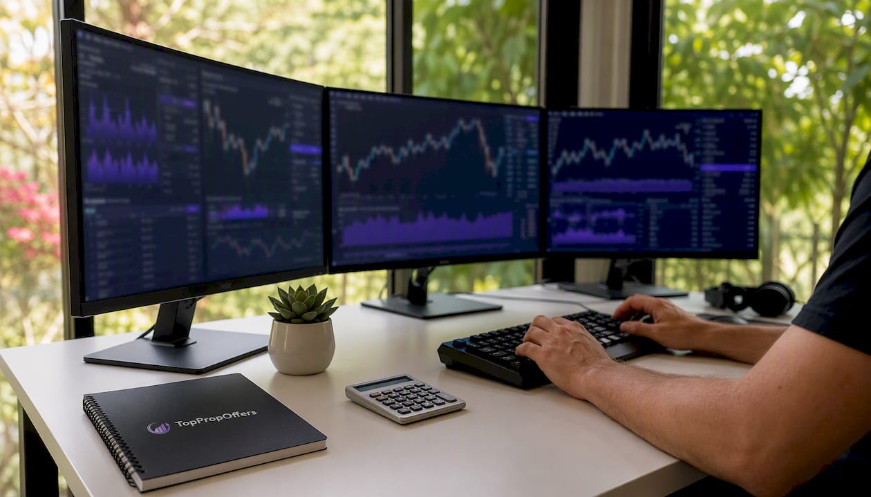 Over-shoulder view of trader using risk management tools