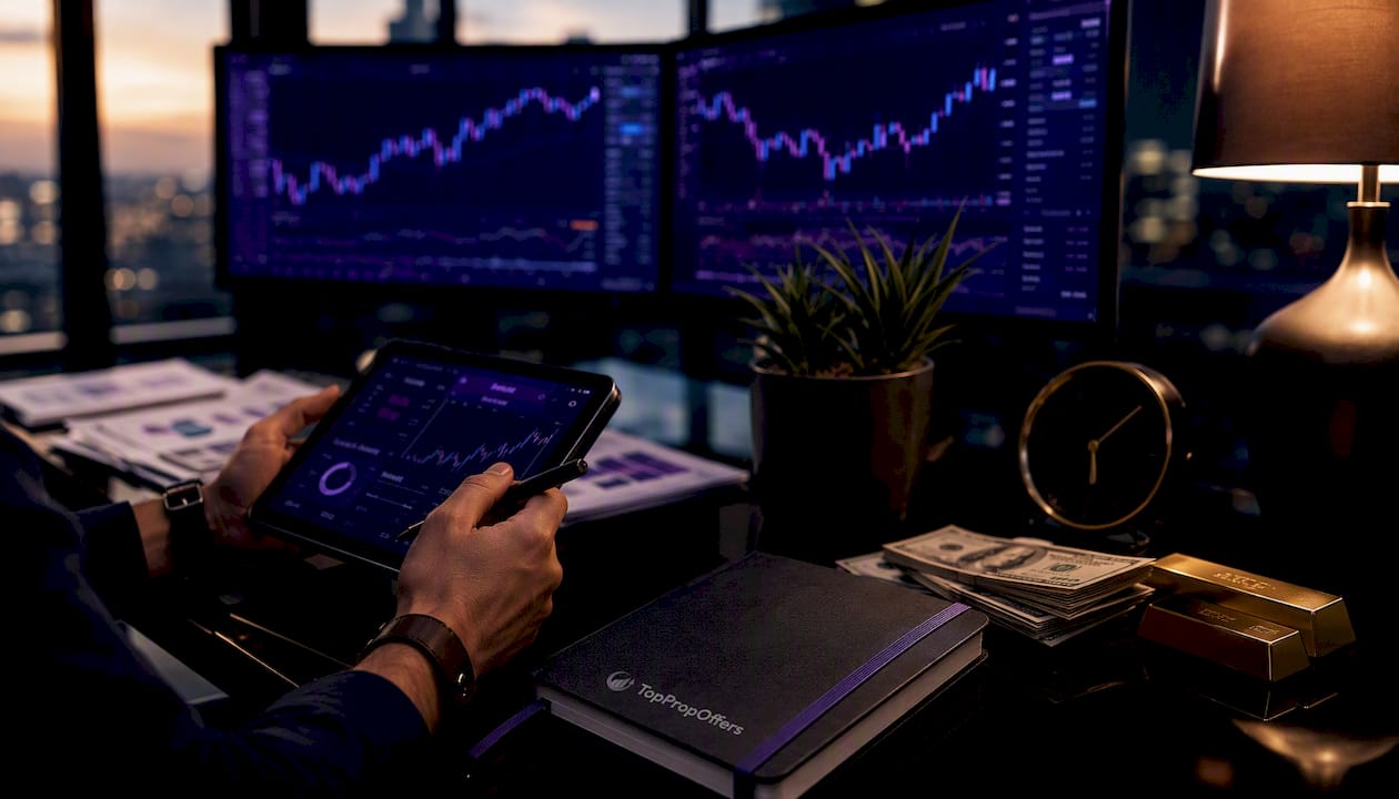 Close-up of hands analyzing financial charts on trading desk