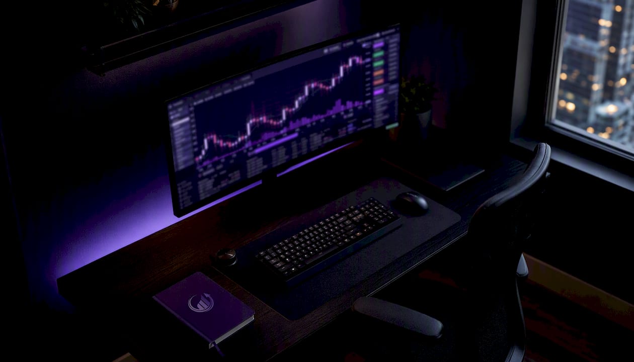 Dark-themed crypto trading workstation with dual monitors
