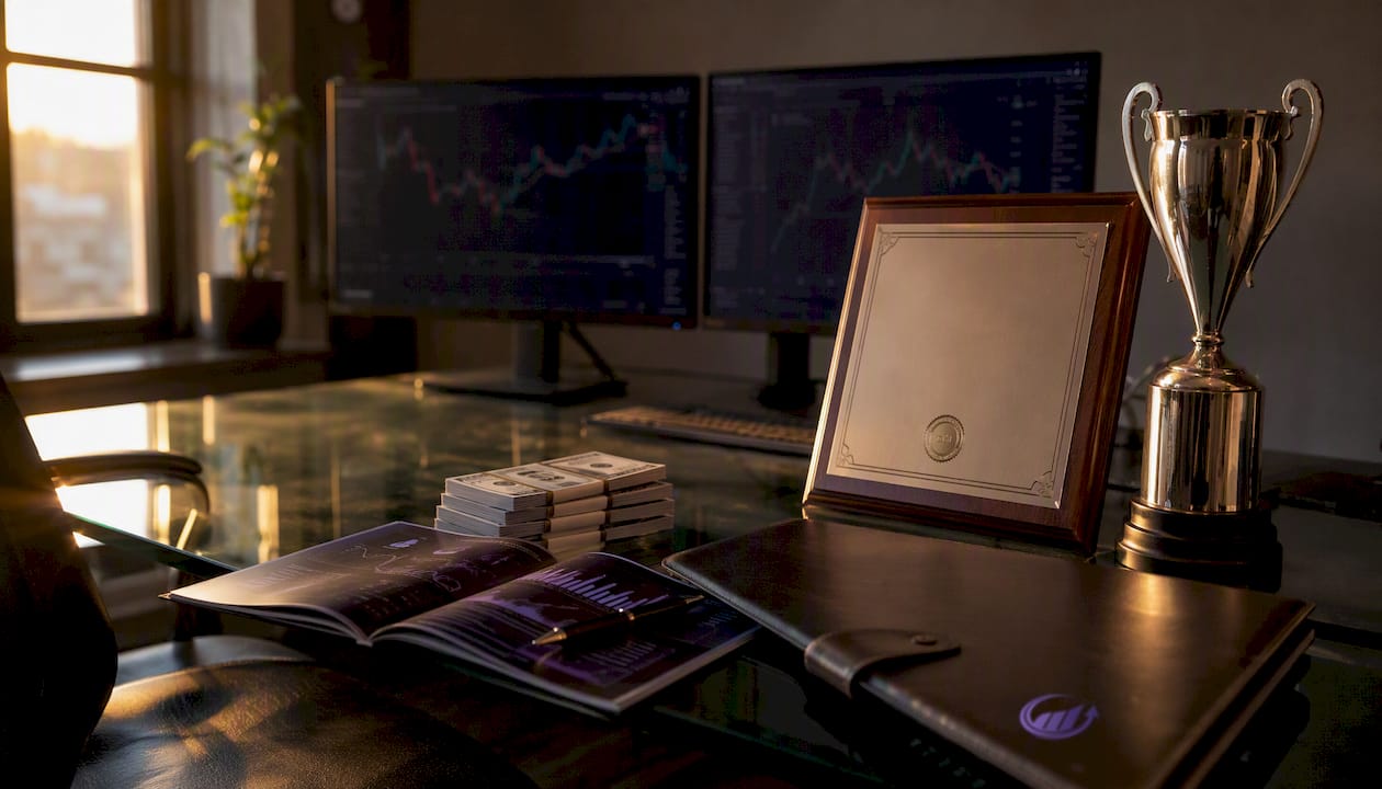 Prop firm certificate and trophy on desk setup