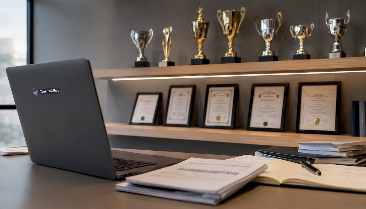 Shelf with trader trophies and framed certificates