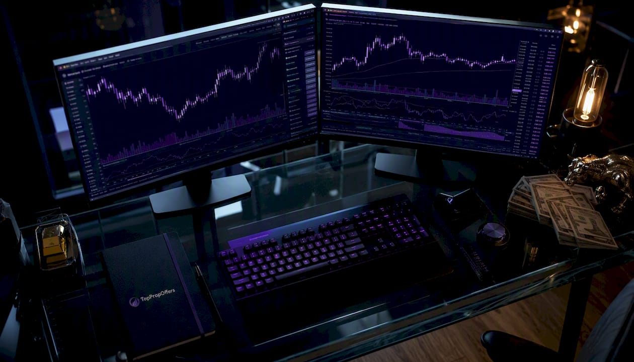 Close-up trading terminal with candlestick charts