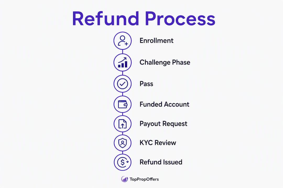 Infographic showing typical refund timeline steps in prop trading
