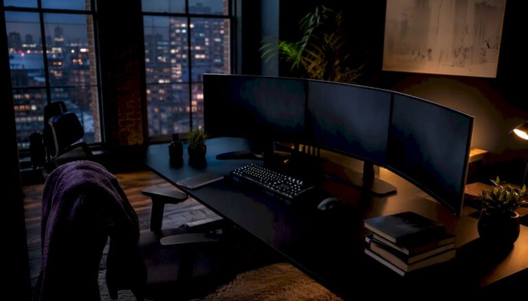 Trading multi-monitor setup with dark screens and desk items