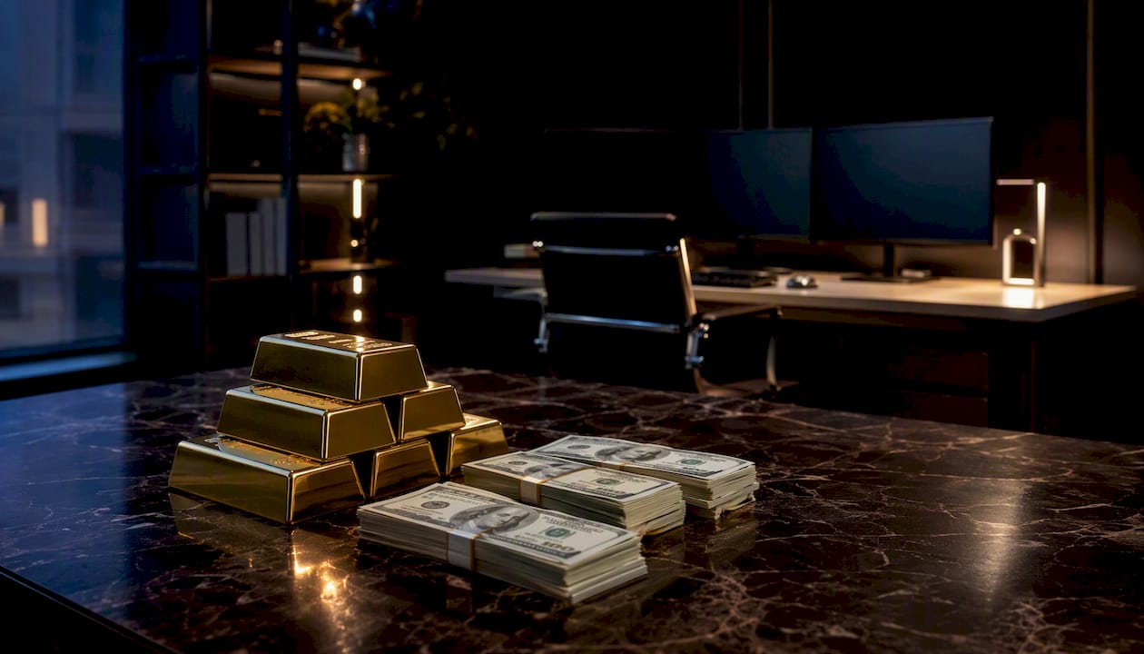 Gold bars and cash on desk