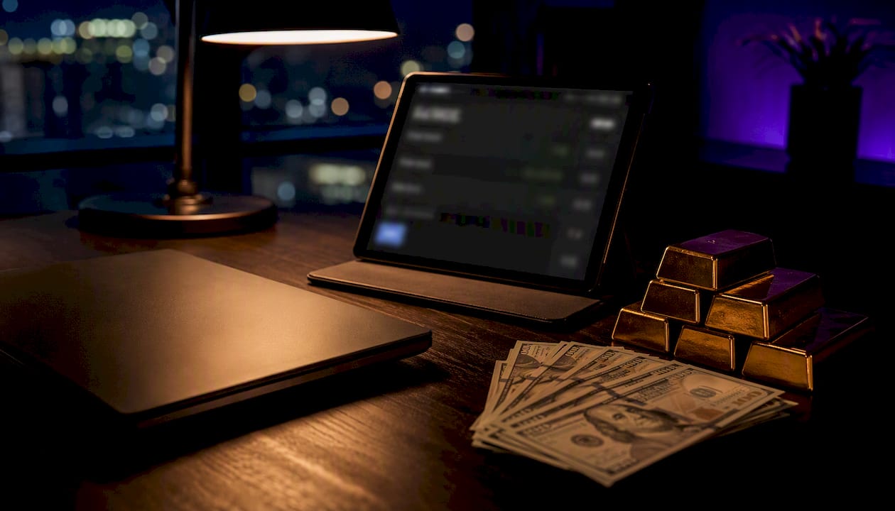 Office desk with tablet and gold bars representing payouts