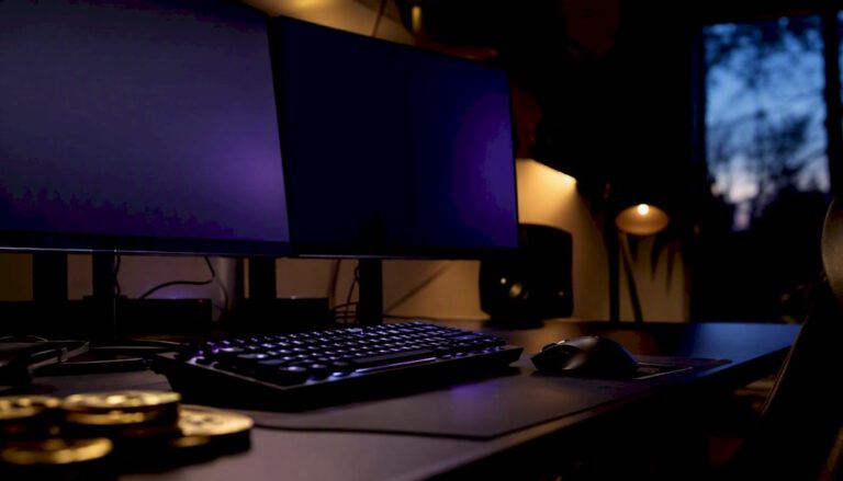 Modern dark trading desk with charts and cash