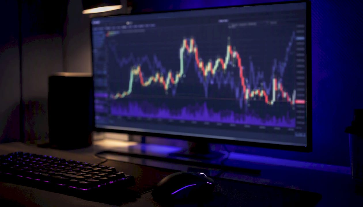 Dark trading screen with financial charts