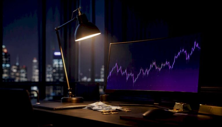 1786600026850_Home-trading-desk-with-glowing-charts-and-gold-bars Home trading desk with glowing charts and gold bars