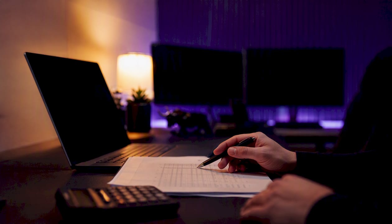 Trader reviewing journal spreadsheet with pen in hand