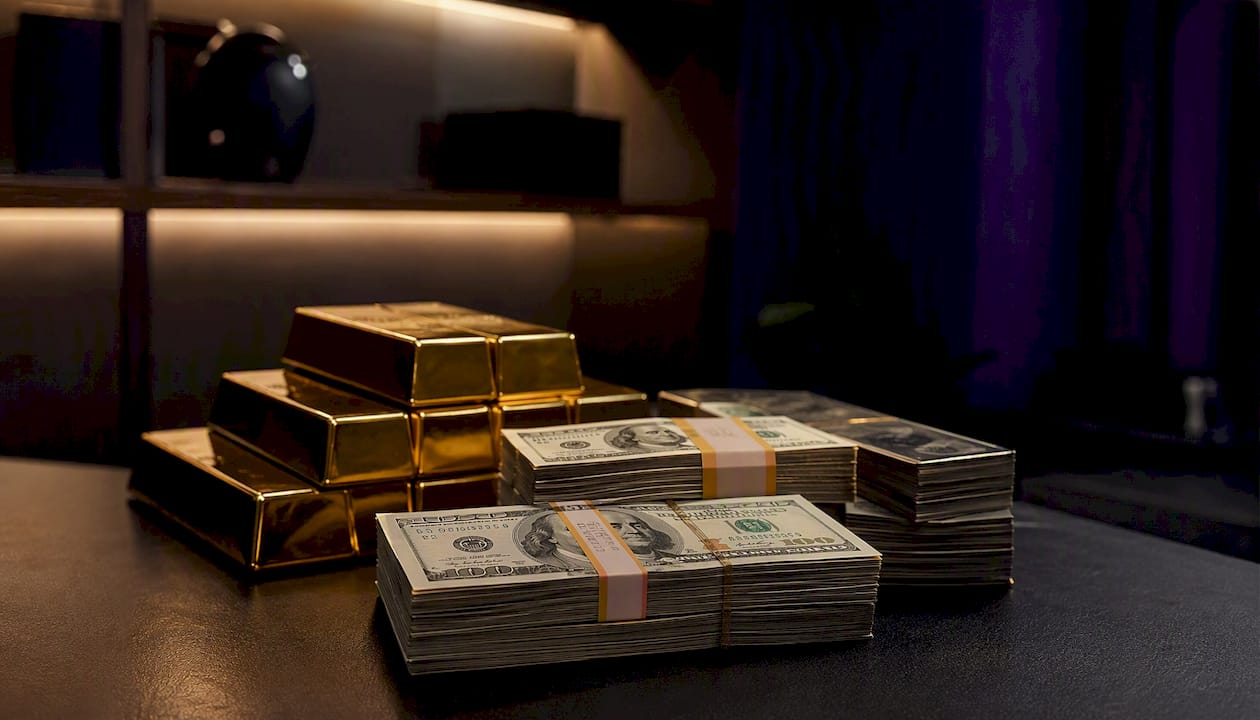 Dollar bills and gold bars on dark trading desk