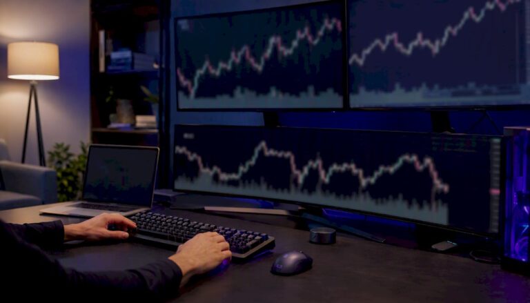 Trading desk with monitors showing financial charts
