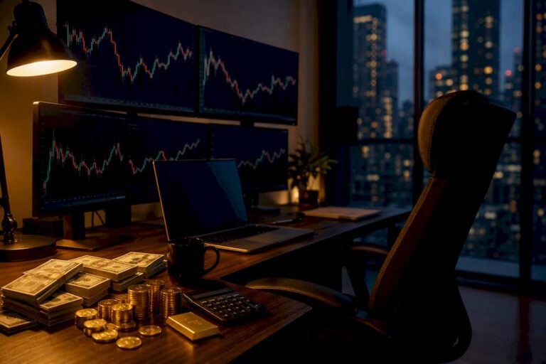Trading desk with charts, gold bars, and calculator
