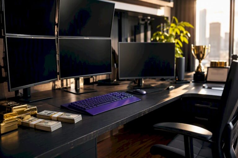 1787074770215_Professional-multi-monitor-trading-setup-with-gold-bars Professional multi-monitor trading setup with gold bars