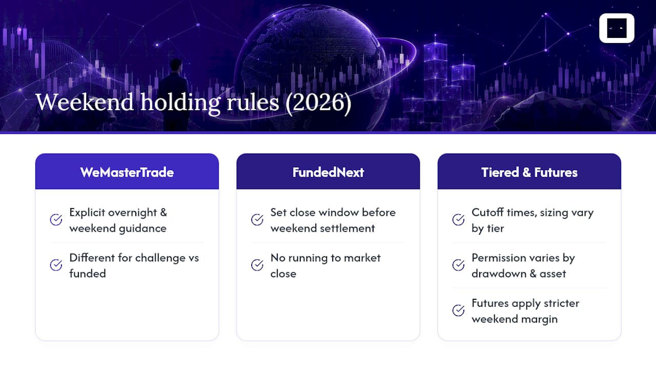 Overview comparison of prop firm weekend holding policies