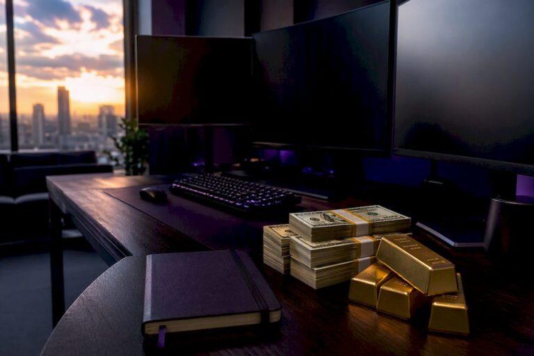 Professional trading desk with currency and charts